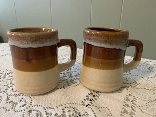 Vintage 1970s Drip Glaze Stoneware Coffee Mugs Set of 2 Retro Rustic Cabin Cups
