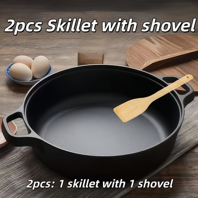 #ad Deep Cast Iron Skillet with 2 Handles and Shovel Flat Bottomed Frying Pan $18.49