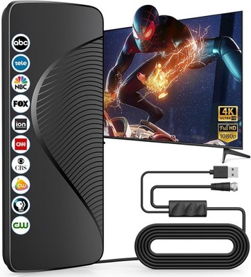 Antenne TV Intérieure Puissante 2025 - Portée 600 Km, Amplificateur Intelligent, Compatible 4K/HDTV - Câble Coaxial 10 M Inclus - 10