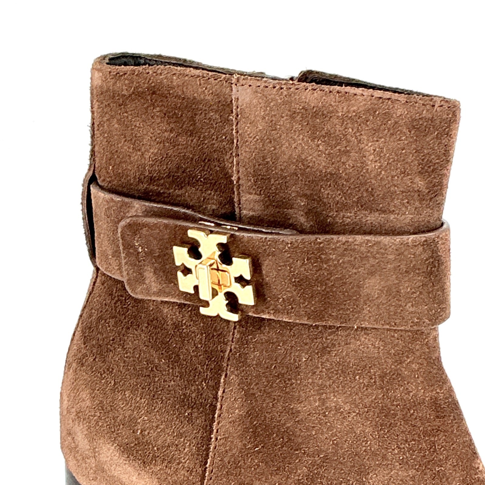 Tory Burch Size 6.5 Brown TURNLOCK HEELED Suede Ankle Boots NEW Gold Logo $500 thumbnail 3
