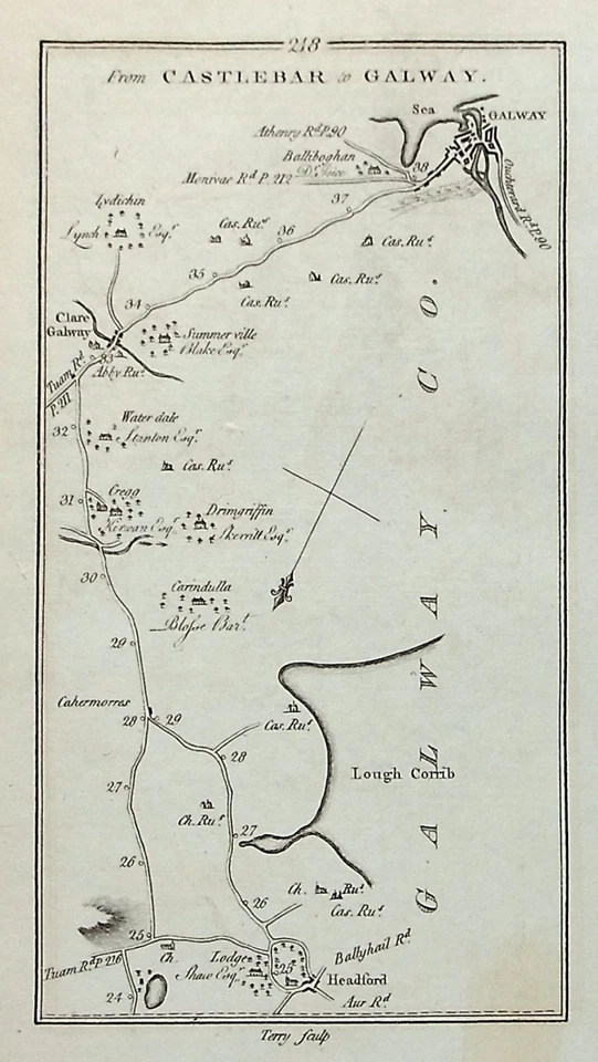 MAPA DE RUTA ANTIGUA DE IRLANDA, CONG, SHRULE, HEADFORD, GALWAY, Taylor & Skinner, 1778 Foto 4 de 4