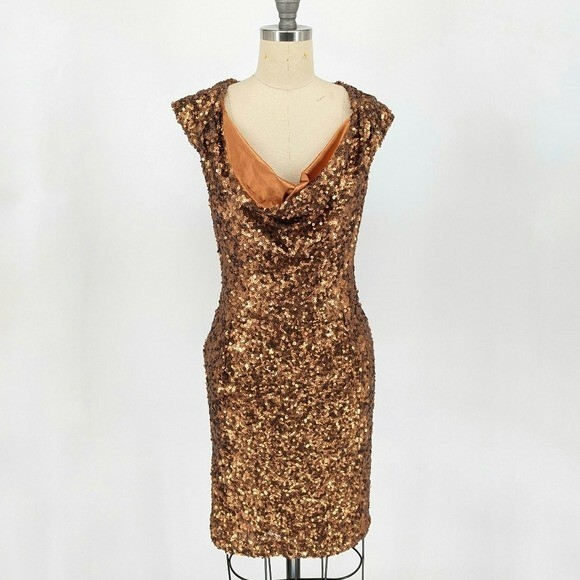 French Connection Sequin Cowl Neck Dress Brown 2 party cocktail evening NYE  | eBay