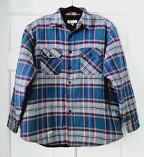 Vtg The Mens Store Button Down Shacket Large Blue Plaid Quilted Lined Shirt-Jac