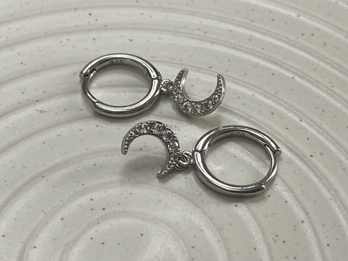 Small Star / Crescent Moon CZ Pendant Huggie Hoop Earrings in 925 Silver ·A197 - Picture 4 of 13