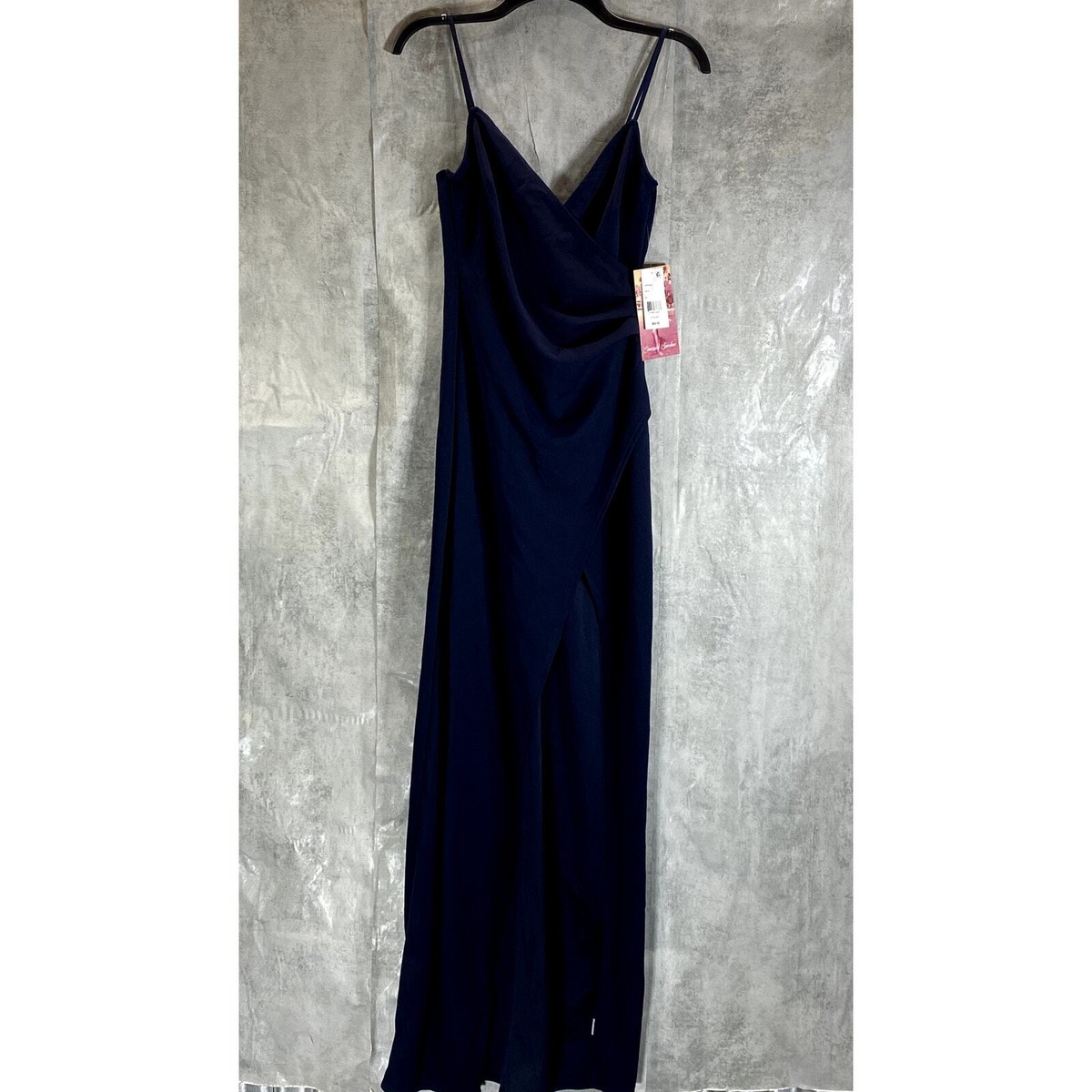 EMERALD SUNDAE Juniors' Navy Surplice V-Neck High-Slit Adjustable Straps  Gown