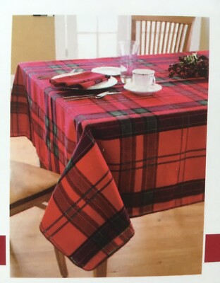 Living Quarters Christmas Red Plaid Fabric Tablecloth Metallic Green 60 x 84 $46