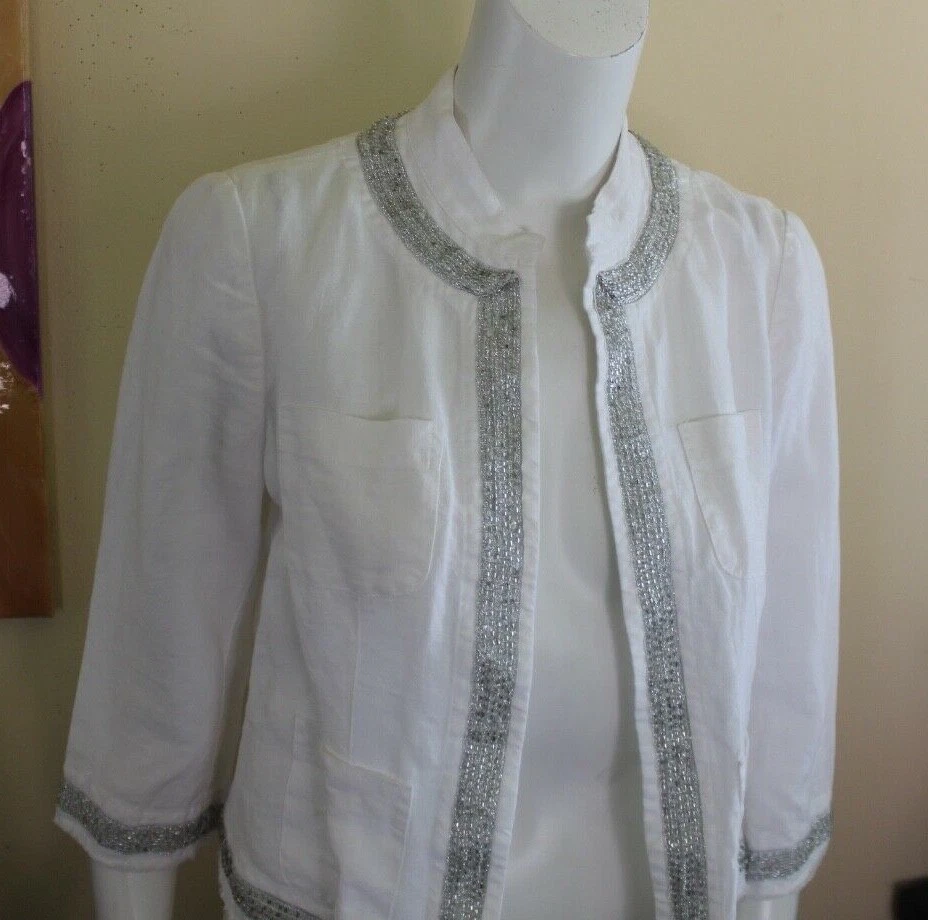 NWT Chico's 0 White Linen Beaded Glam 3/4 Short Art-to-Wear Jacket Blazer - Image 4 of 4