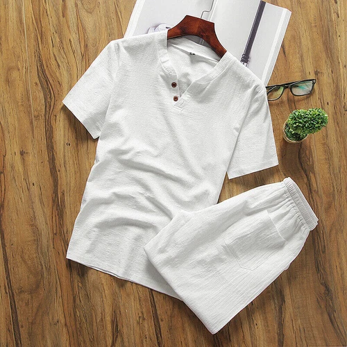 Herren Shorts Baumwolle Leinen Sommer Set 2er Set Kurzarm T-Shirt und Hose - Bild 4 von 30