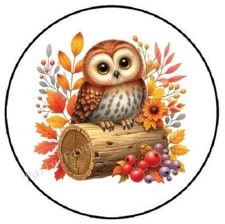 OWL SITTING ON A LOG AUTUMN FALL ENVELOPE SEALS LABELS STICKERS PARTY FAVORS