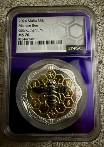 2024 MALTA 5 EURO FINE SILVER COIN MALTESE BEE RUTHENIUM GOLD GILDED NGC MS 70