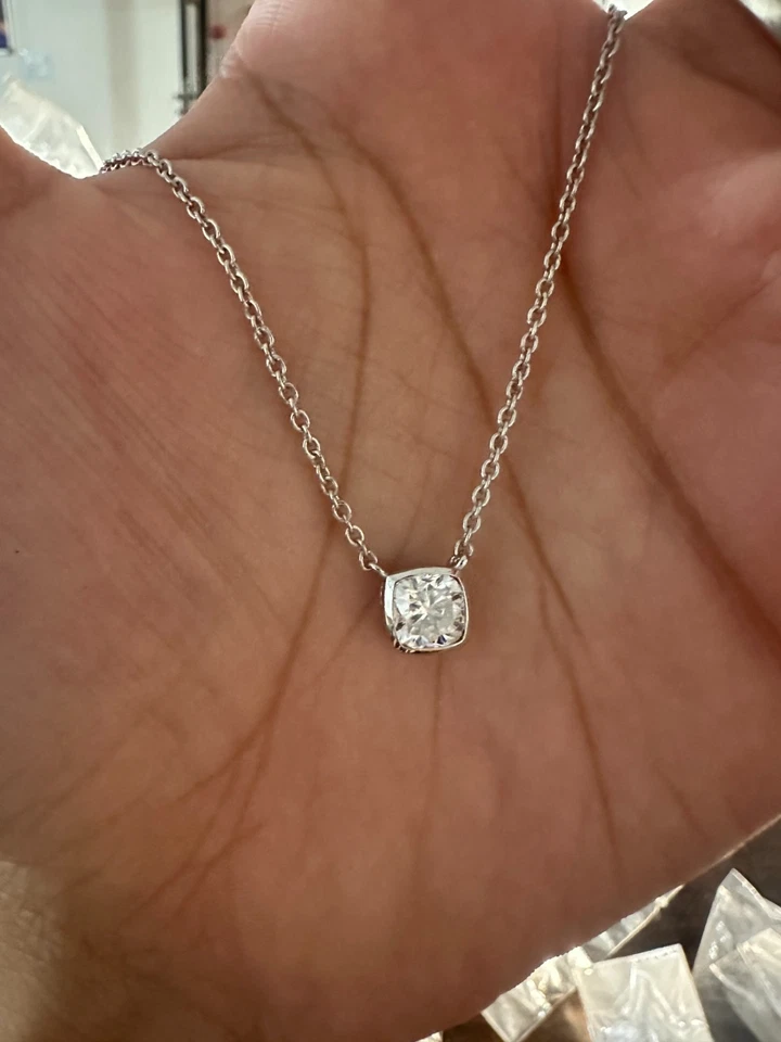 1.25ct Cushion Cut Moissanite Pendant Bezel Set Necklace 14K White Gold Trendy - Image 3 of 4