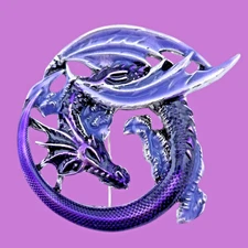 PURPLE WINGED DRAGON BROOCH PENDANT translucent enamel silvertone fantasy pin K5