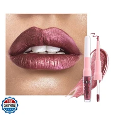 evpct Dark Wine Red Metallic Glitter Lip Liner and Lipstick Combo Lip Gloss S