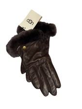 NWT New Womens UGG Brown Shearling Shorty Trim Leather Gloves in Black XS