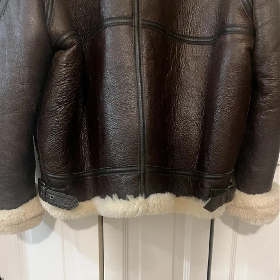Schott B-3 Sheepskin Leather Bomber Brown Jacket Mens Shearling Aviator Coat - Image 4 of 4