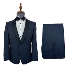Navy Blue Tuxedo Suit 2 Piece Wool Slim Jacket Trousers Dinner Formal Evening
