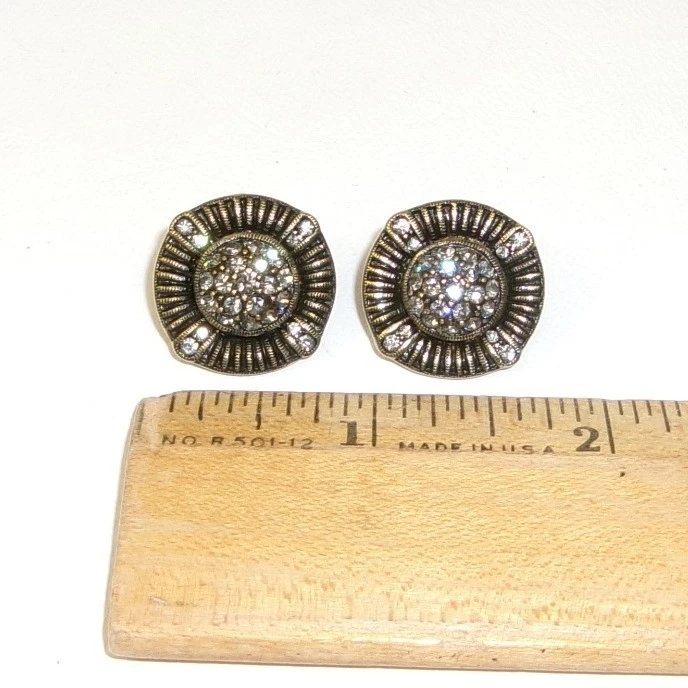 Pendientes Heidi Daus Diseñador Bélgica Disco Antiguo Latón Cristal Poste Foto 2 de 3