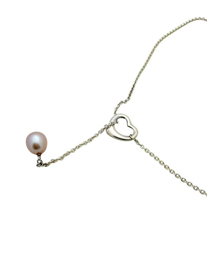 Tiffany & Co. Sterling Peretti Open Heart Pink Pearl Lariat Pendant Necklace 20" - Image 4 of 4
