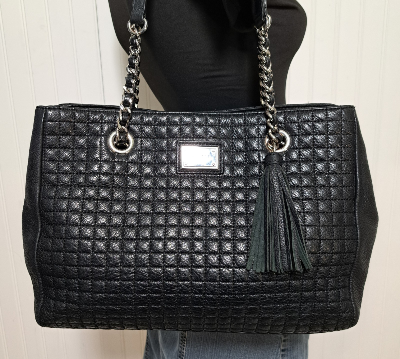 CALVIN KLEIN HASTINGS Black Quilted Pebbled Leather Tote Bag Shoulder Purse