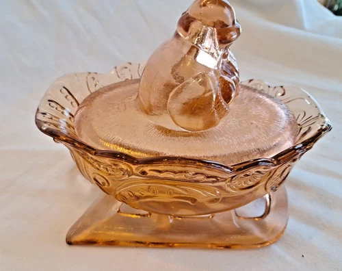 Westmoreland MARKED Pink Depression Glass Santa Sleigh Dish! Vintage 1950s Chris