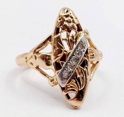 Anillo marquesa art nouveau oro rosa 18k diamantes talla rosa (alrededor de 1... - Imagen 1 de 4