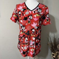 Disney's Mickey and Minnie Mouse Scrub Top LOVE Performance Stretch Red Size M 