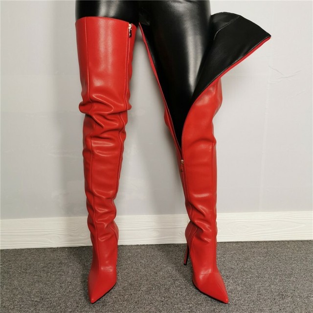 red pvc knee high boots