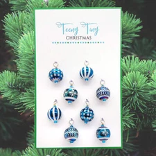 Blue Glass Miniature Christmas Ornaments & Hooks, 8 pcs, for 1:12 Dollhouse, Tin