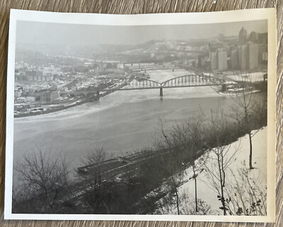 Vintage 1950s Found Photo Pittsburgh PA City River Scene Multiple Bridges Winter