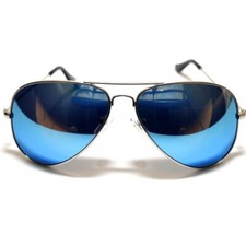 AVIATOR BLUE MIRROR COLORED REFLECTIVE LENS SILVER METAL FRAME SUNGLASSES UV 99 