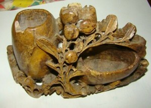 Antique Hand Carved Chinese Soapstone Double Bud Vase, High Relief, Flowers