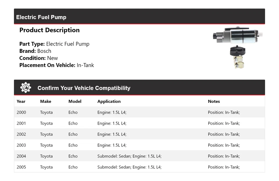 Bomba de combustible eléctrica Bosch 1,5 L L4 2000-2005 tanque 2001 2002 Foto 2 de 4