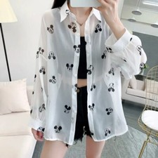 Women's Mickey Mouse Print Long Sleeve Tops Loose Fit White Blouse Casual Shirt