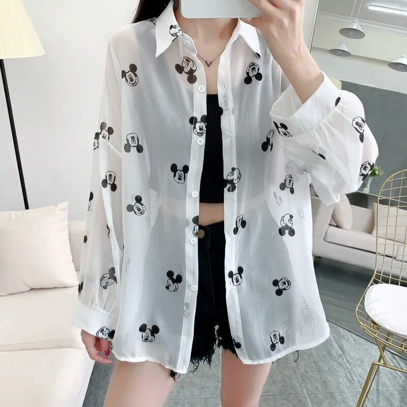 Para mujeres Mickey Mouse Estampado Mangas Largas Prendas para el torso Calce Suelto Blusa Blanca Camisa Informal