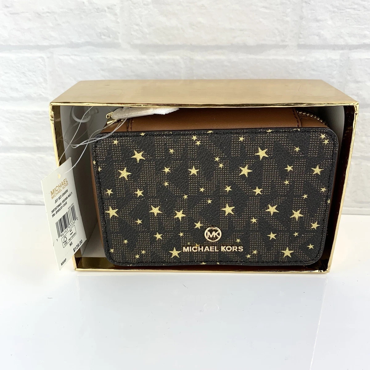 NEW Michael Kors w Stars Small Jewelry Case Leather Brown Travel 128