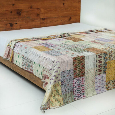 Bohemian Silk Patchwork Kantha Quilt Handmade Vintage Kantha Queen Size Bedcover