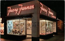 1960s Fanny Farmer Candy Shop Cleveland Ohio Night Scene Neon Sign Postcard JE11