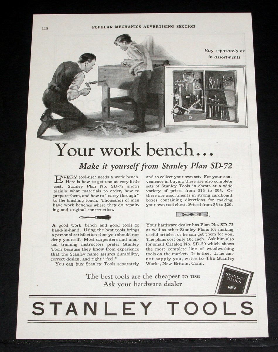 1927 OLD MAGAZINE PRINT AD, STANLEY TOOLS, YOUR WORK BENCH, MAKE 