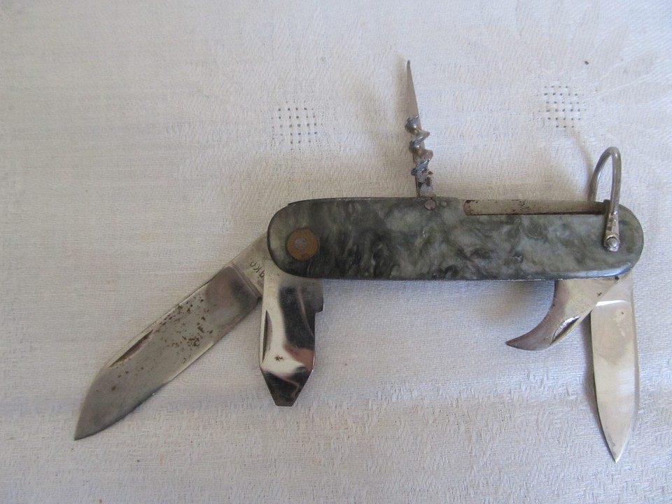 FOLDING POCKET KNIFE W/HOLSTER 4 BLADES CORKSCREW FROM UKRAINE 1970's