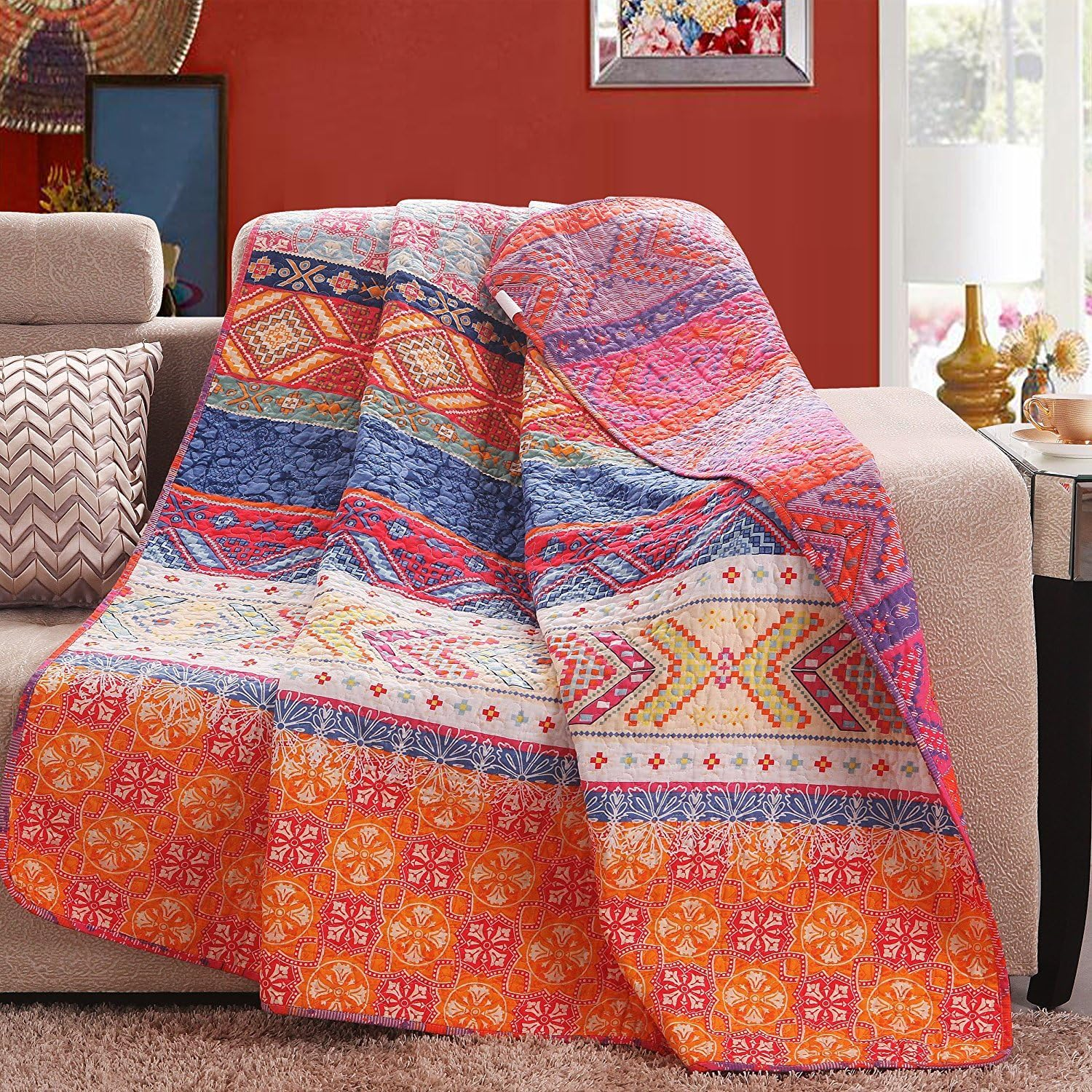 Cotton Boho Stripe Quilted Throw Blanket, Reversible Colorful Printed Paisley Qu