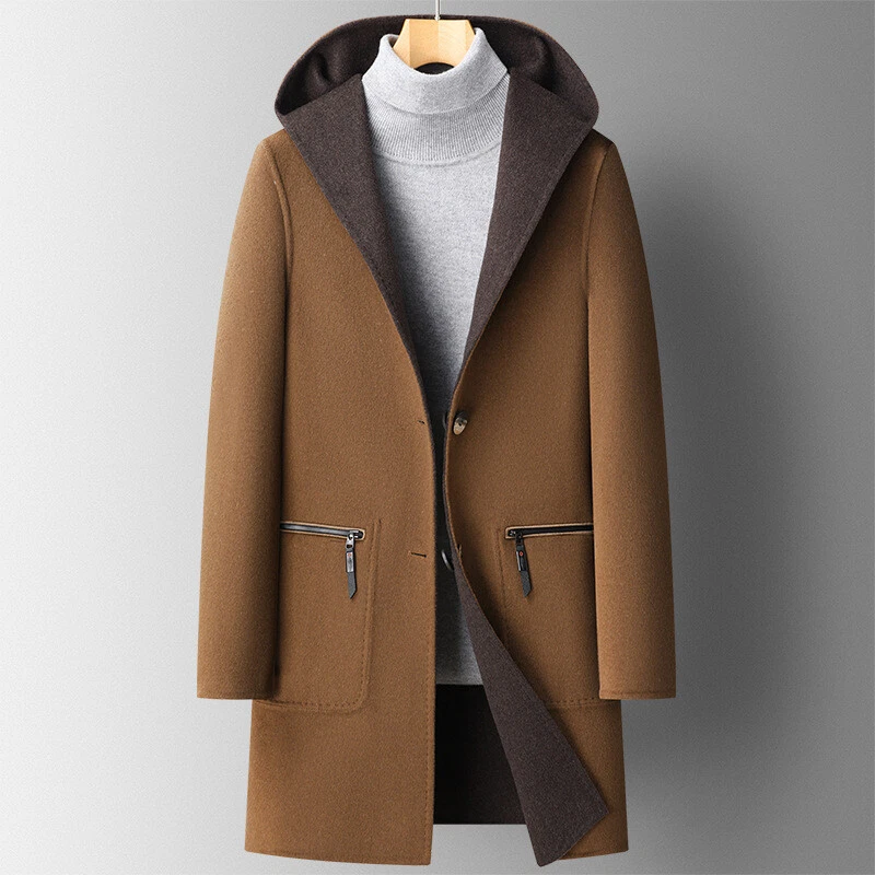 Men's Reversible Wool Coat Hooded Mid-length Button Casual Thickened Overcoat