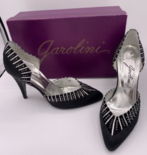 Vintage Garolini Heels Shoes Black Satin And Rhinestones 7 US With Box Nanette