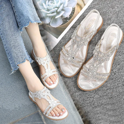 Womens Summer Rhinestone Decor Opened Toe Slip on Buckle Flat Heels Sandals - Bild 5 von 27