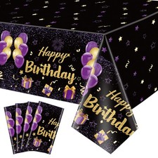 4 Pack Black Purple Happy Birthday Tablecloths, 51x87'' Plastic Disposable Re...