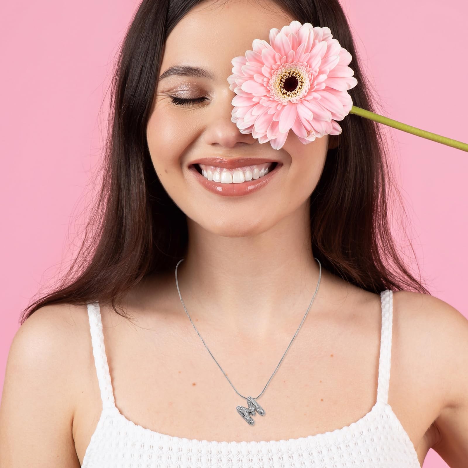 Chaîne argent femmes avec lettre initiale bulle et zircone bling - 3