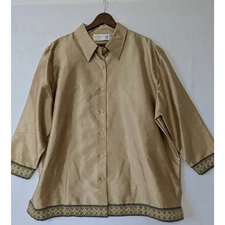 Silk Lore Silk Button Down Top Embroidered Trim Removable Pads Plus Size 2X New