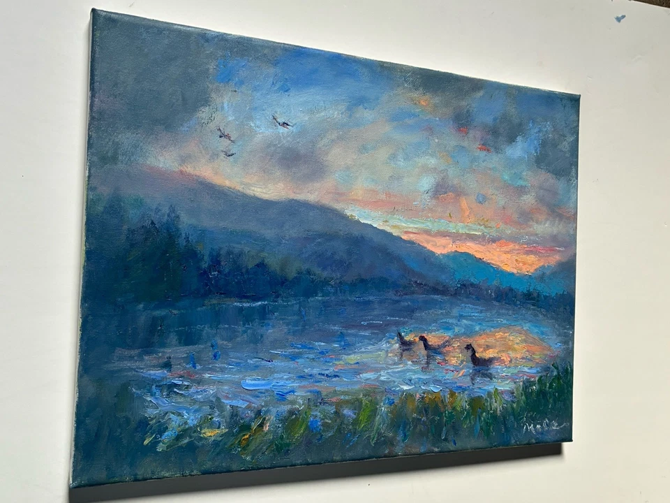 Montañas Originales Lago Pintura al Óleo Arte Paisaje Amanecer Amanecer Nubes 12x16 O/C Foto 4 de 4