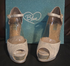 Blue by Betsey Johnson Floral Lace W/Rhinestone Peep Toe Platform Heel 8