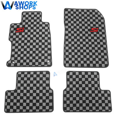 For 12-15 Honda Civic 2DR Floor Mats Carpets Black Gray Checkered 4PCS w/ Red Si