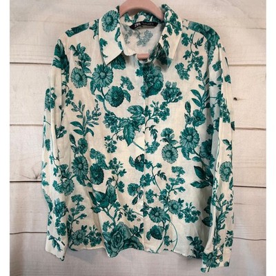 Zara Women Teal Floral Linen Blend Button Down Shirt Blouse Large Long Sleeve